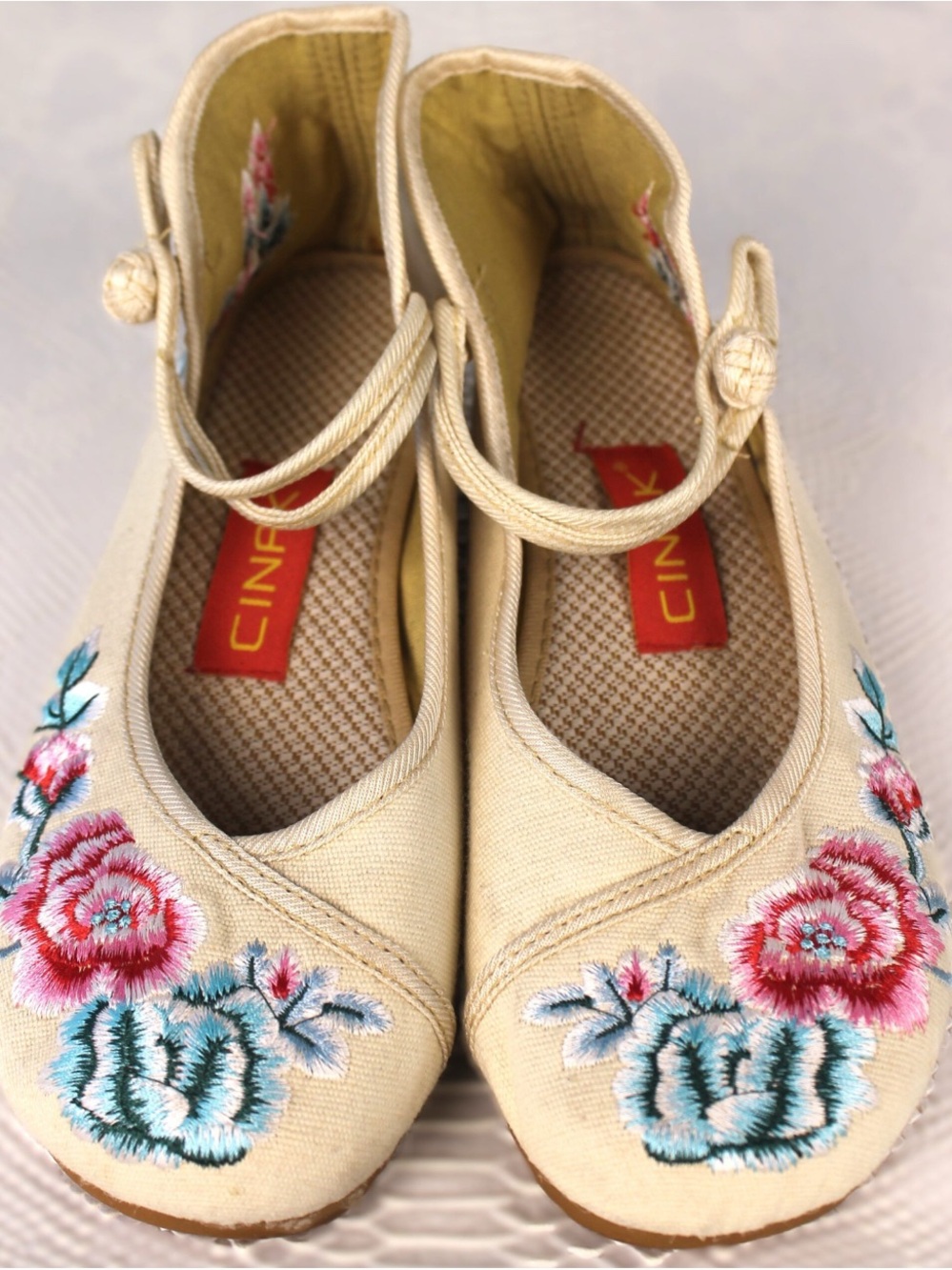 Beige Floral Embroidered Mary Jane Flats
